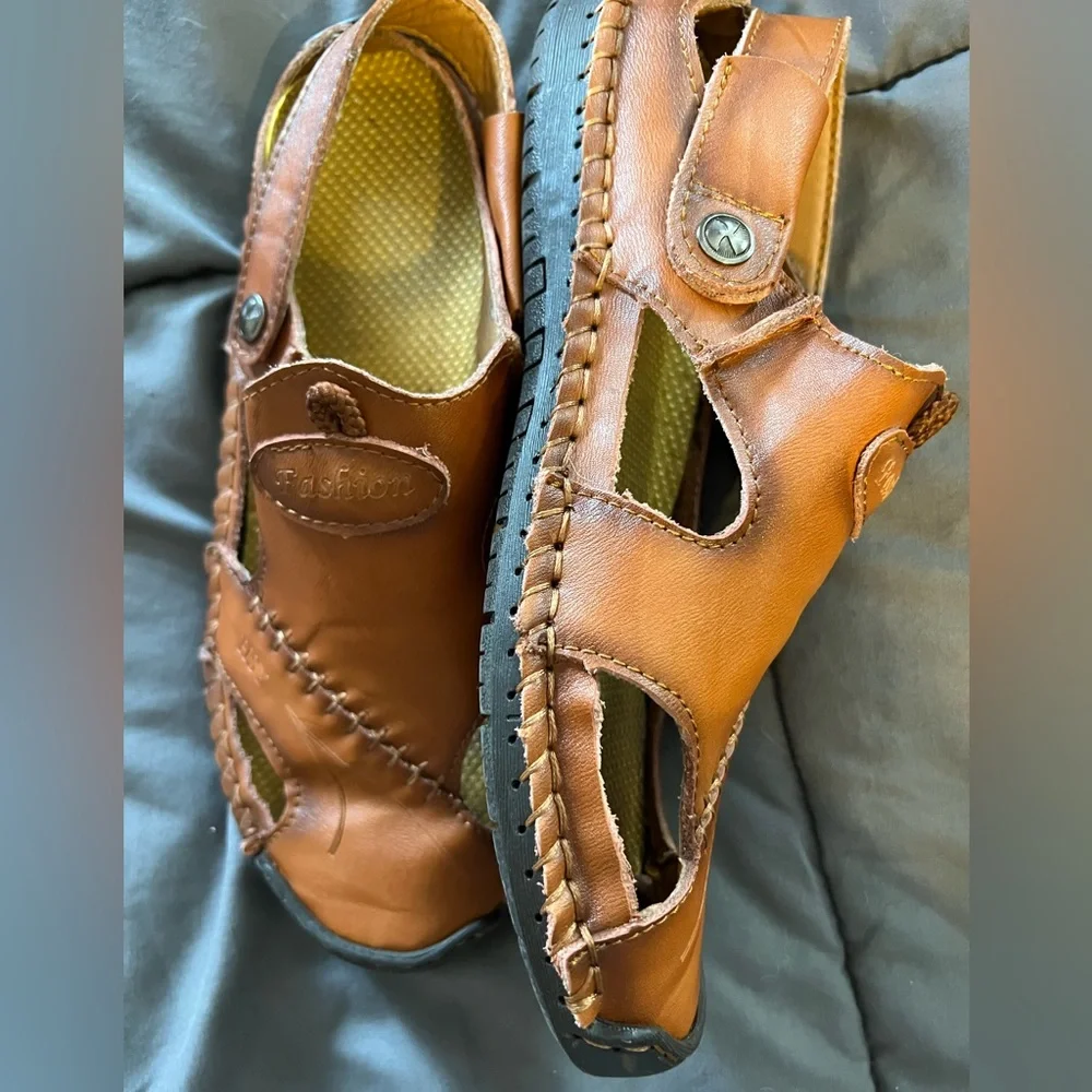 HSY Fashion Men's 100% Caoutchouc Leather‎ Closed Toe Sandal Brown Size 40 US 7